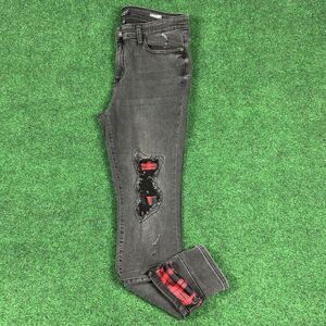 Judy Blue Jeans Skinny Fit Womens 15/32 Mid Rise Black Denim‎ Red Plaid Patch